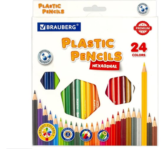 Цветные карандаши BRAUBERG PREMIUM пластиковые, 24 цвета, шестигранные, грифель мягкий 3 мм 181668 1