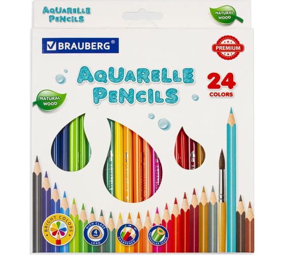 Цветные карандаши BRAUBERG PREMIUM AQUARELLE акварельные, 24 цвета, грифель мягкий 4 мм 181673
