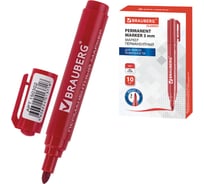 Маркер перманентный нестираемый Classic BRAUBERG, КРАСНЫЙ, круглый наконечник 3 мм с клипом 10 шт 150302