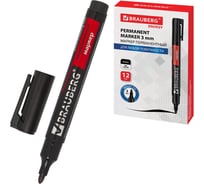 Маркер BRAUBERG перманентный нестираемый Energy ЧЕРНЫЙ круглый наконечник 3 мм с клипом 12 шт 150475