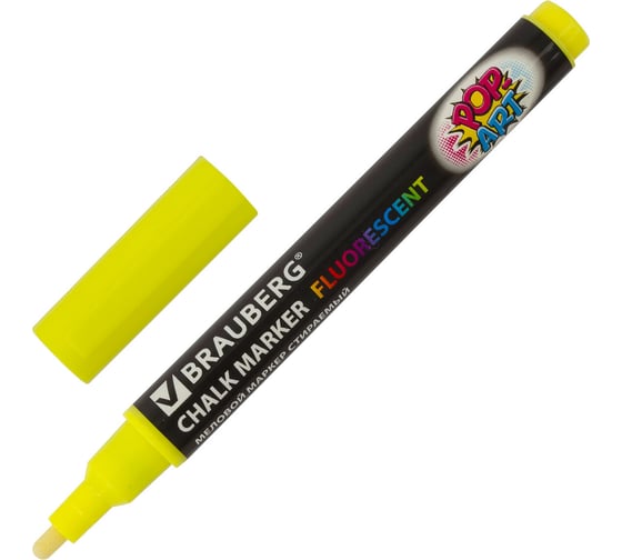 Маркер 10 шт в упаковке BRAUBERG меловой "POP-ART" сухостираемый для гладких поверхностей 35мм ЖЕЛТЫЙ  151520