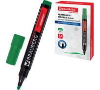 Маркер 12 шт в упаковке BRAUBERG перманентный нестираемый "Contract" ЗЕЛЕНЫЙ кругл. наконечн. 3 мм без клипа 150468