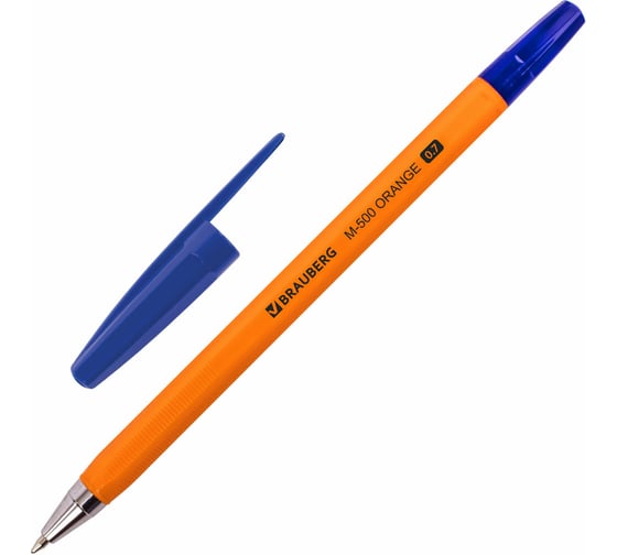 Ручка 50 шт в упаковке BRAUBERG шариковая "M-500 ORANGE" СИНЯЯ корпус оранжевый узел 07мм линия 035мм  143448