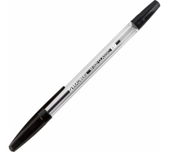 Ручка BRAUBERG шариковая M-500 CLASSIC ЧЕРНАЯ корпус прозрачный, узел 0,7 мм, линия 0,35 мм 50 шт 143445
