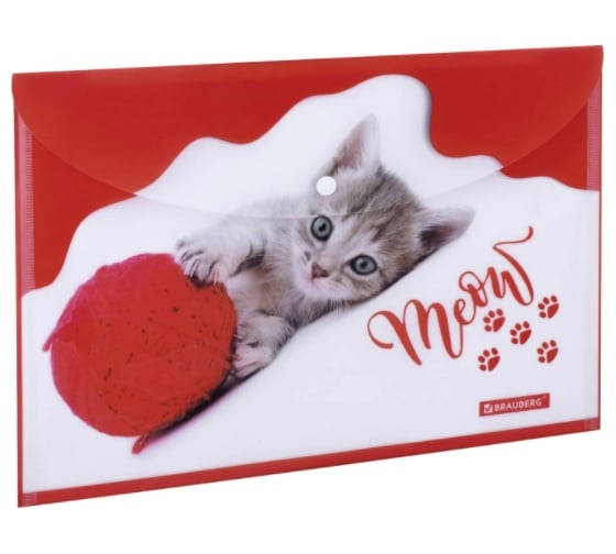 Папка-конверт 12 шт в упаковке BRAUBERG с кнопкой FUNNY CAT А4 160 мкм цветная печать  228038