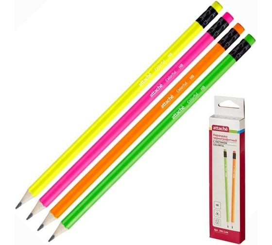 Чернографитный карандаш 12 шт в упаковке Attache Colorful! HB заточенный с ластиком 391144