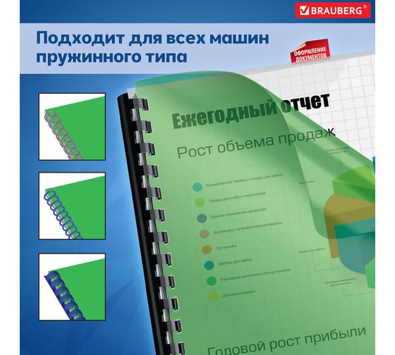 Пластиковые обложки для переплета BRAUBERG КОМПЛЕКТ 100 штук, прозрачно-зеленые 530828