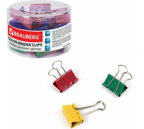 Зажимы для бумаг BRAUBERG комплект 40 шт., 19 мм, на 60 листов, цветные, в пластиковом цилиндре 221127