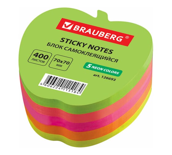 Блок самоклеящийся (стикеры) BRAUBERG фигурный, НЕОН Яблоко, 400 л, 5 цветов, 126693