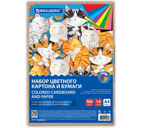 Набор цветного картона и бумаги BRAUBERG А4 50+50 листов, 10 цветов картон мелованный + бумага офсетная в коробке 116421