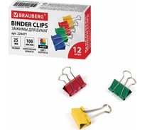 Зажимы для бумаг 12 шт в упаковке BRAUBERG КОМПЛЕКТ  25 мм на 100 листов цветные карт.кор. 12 шт 224471