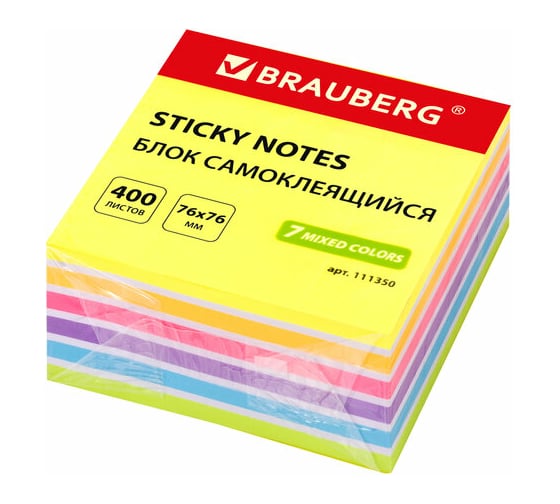 Самоклеящийся блок BRAUBERG стикеры, неоновый 76x76 мм 400 листов 7 цветов 111350