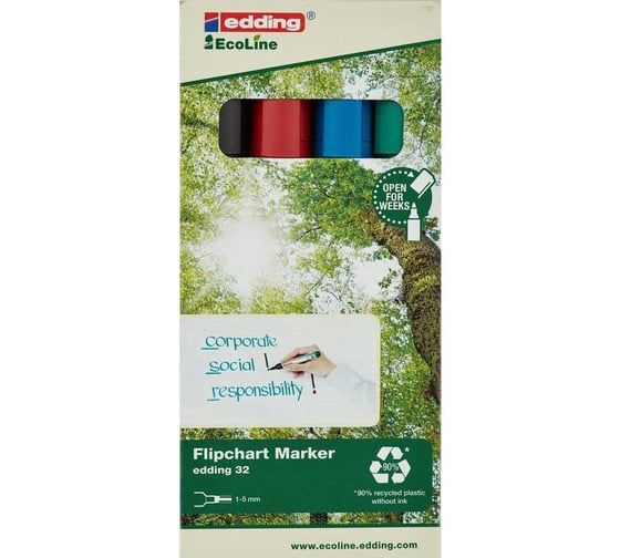 Маркер для бумаги Edding 32 Ecoline цвета, для флипчартов, 1-5 мм, скошенный наконечник 1183278