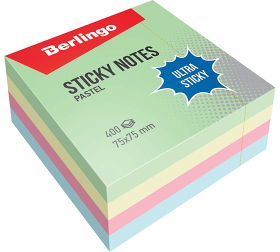 Самоклеящийся блок Berlingo Ultra Sticky 75/75 мм 400 листов 4 пастельных цвета LSn_40001 1