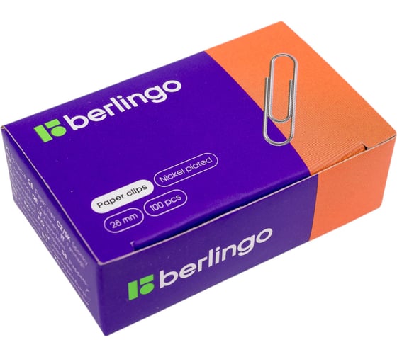 Никелированные скрепки 10 шт в упаковке Berlingo 28 мм 100 шт картонная упаковка BK2511