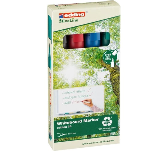 Набор маркеров для белых досок Edding 28 Ecoline 4 цвета, 1,5-3 мм, 4 шт 1183256 1