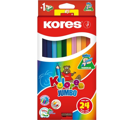 Цветные карандаши Kores Kolores Jumbo 24 цвета, трехгранные, с точилкой 1334938