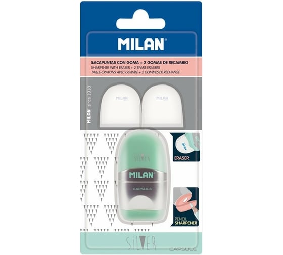 Ластик-точилка Milan Capsule Silver каучуковый с двумя запасными ластиками 973182