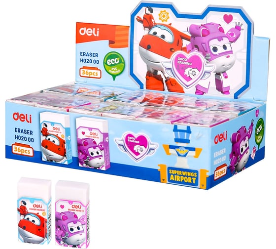 Ластик DELI EH02000 Super Wings 45x25x12 мм белый картонный дисплей 1804863