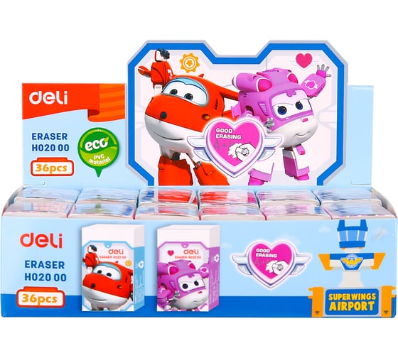 Ластик DELI EH02000 Super Wings 45x25x12 мм белый картонный дисплей 1804863