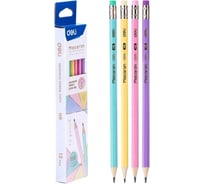 Карандаш черно-графитный DELI Macaron, 2.4 мм, HB, шестигранный, липа, коробка/европодвес (12 шт), с ластиком EC025-HB