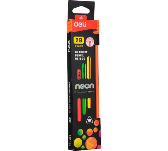 Карандаш чернографитный DELI Neon EU51800 2B трехгранный тополь картонная коробка 12 шт ластик 1054874