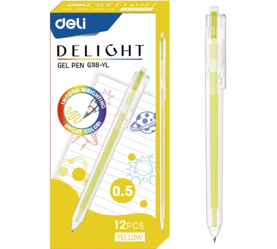 Ручка гелевая DELI ght EG118-YL корпус прозрачный чернила желтые линия 0.5 мм 1657649 1