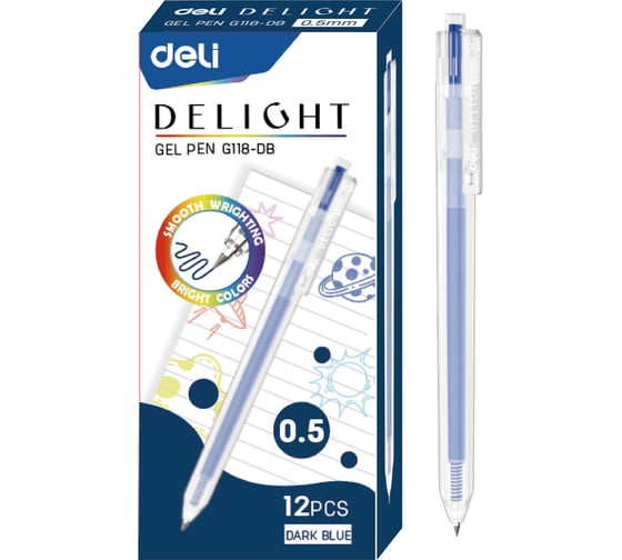 Ручка гелевая DELI ght EG118-DB автоматическая корпус прозрачный чернила темно-синие линия 0.5 мм 1657527