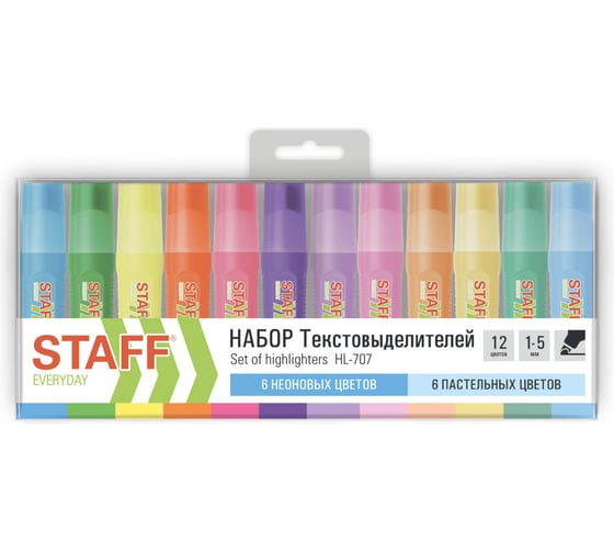 Набор текстовыделителей 12 ЦВЕТОВ, EVERYDAY HL-707, линия 1-5 мм, Staff 152552