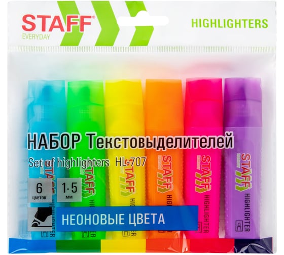 Набор текстовыделителей 6 НЕОНОВЫХ ЦВЕТОВ, EVERYDAY HL-707, линия 1-5 мм, Staff 152550