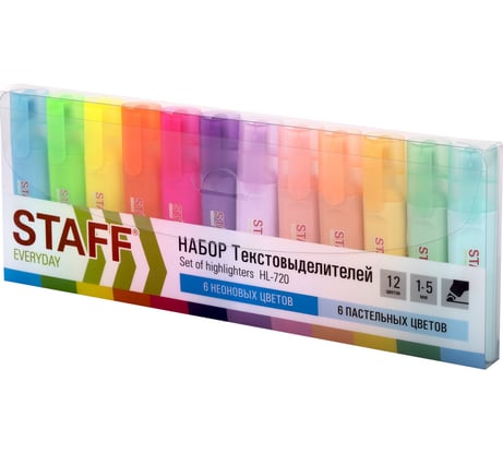 Набор текстовыделителей 12 ЦВЕТОВ, EVERYDAY HL-720, линия 1-5 мм, Staff 152557