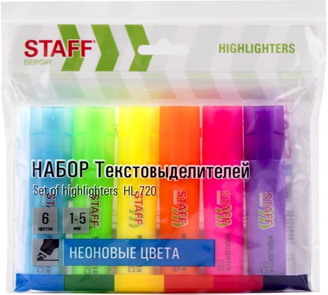 Набор текстовыделителей 6 НЕОНОВЫХ ЦВЕТОВ, EVERYDAY HL-720, линия 1-5 мм, Staff 152556