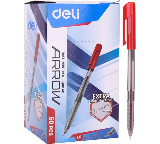Ручка шариковая DELI Arrow EQ01140 корпус прозрачный/красный диаметр 1 мм чернила красные 1565913