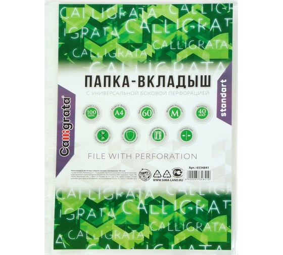 Вертикальный файл-вкладыш Calligrata А4, 40 мкм, матовый, 100 шт 6534841