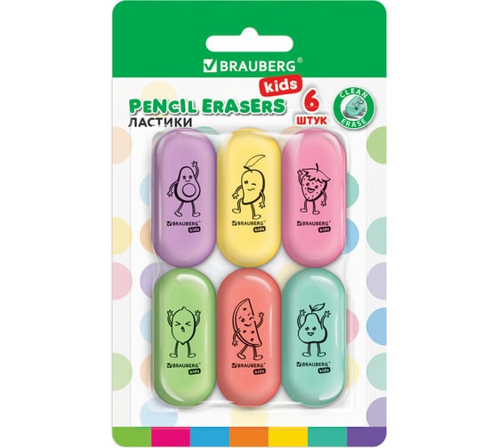 Ластики KIDS Fruits НАБОР 6 штук, 50х23х10 мм, овальные, ассорти, блистер, BRAUBERG 272669 1