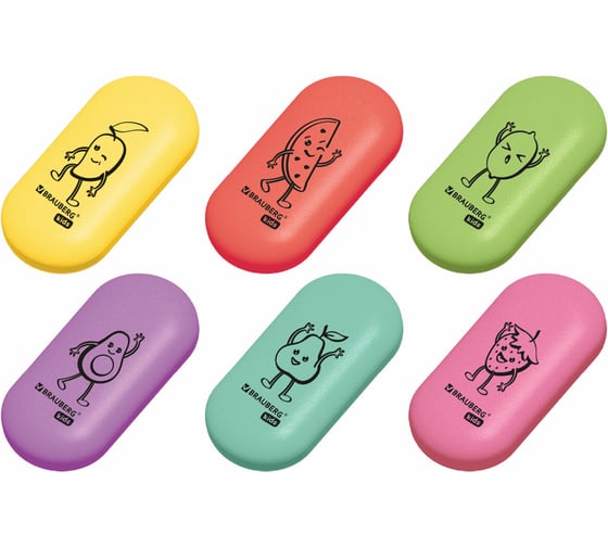 Ластики KIDS Fruits НАБОР 6 штук, 50х23х10 мм, овальные, ассорти, блистер, BRAUBERG 272669