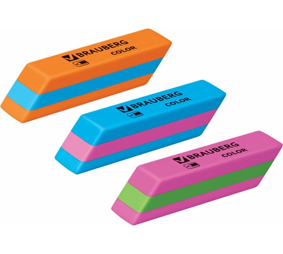 Ластики Color, НАБОР 3 штуки, 55х15х13 мм, прямоугольные, скошенные, блистер, BRAUBERG 272672