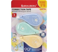 Корректирующая лента PASTEL 5мм х 12 м вращающийся наконечник 3 шт, BRAUBERG 272489