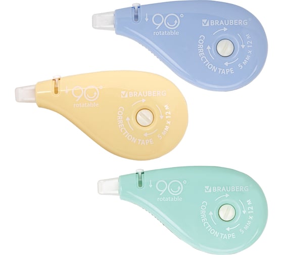 Корректирующая лента PASTEL 5мм х 12 м вращающийся наконечник 3 шт, BRAUBERG 272489