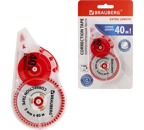 Корректирующая лента EXTRA LENGTH, 5мм х 40м, механизм перемотки, корпус красн., BRAUBERG 272502