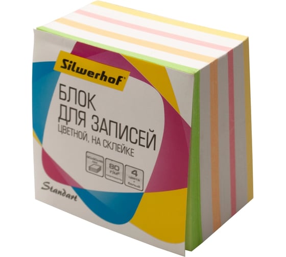Блок для записей Silwerhof Стандарт 701042 бумажный, 90x90x45 мм, 80 г/м2, ассорти, 5 цветов в упаковке, на склейке 1203609