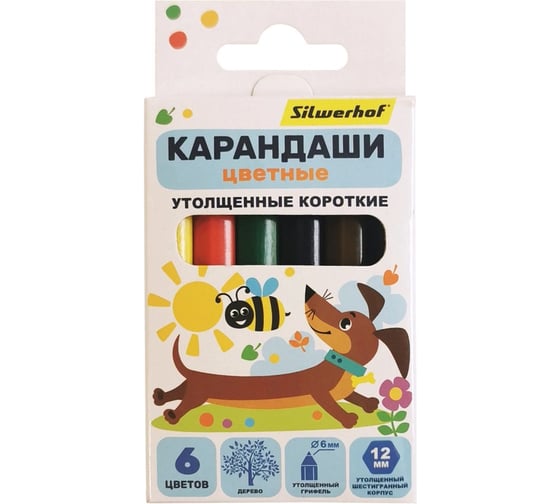 Карандаши цветные SILWERHOF Jumbo Mini Веселые друзья 6 мм шестигранные дерево ассорти 6 цветов коробка/европод 1862740