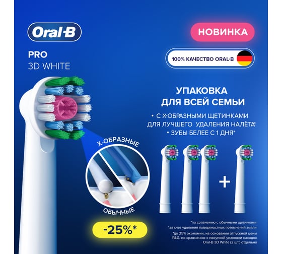 Насадки для электрических зубных щеток ORAL-B 3D White CleanMaximiser EB18рRX 4 шт 0053019423