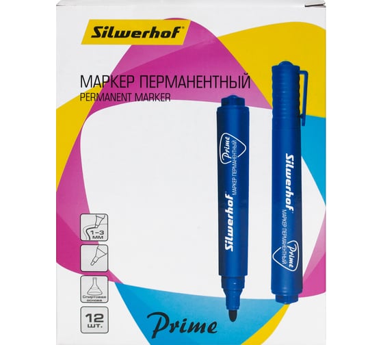 Перманентный маркер Silwerhof PRIME пулевидный пишущий наконечник 1-3 мм, синий, коробка 436009