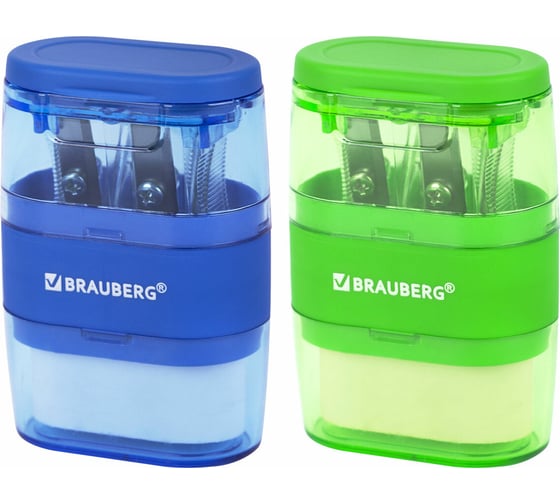 Точилки с ластиком 2 в 1 BRAUBERG Double 2 шт., 2 отверстия, синяя/зеленая, блистер, 271995 1