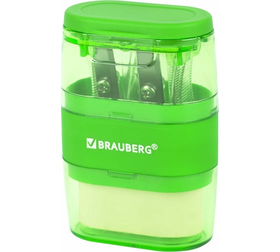 Точилки с ластиком 2 в 1 BRAUBERG Double 2 шт., 2 отверстия, синяя/зеленая, блистер, 271995