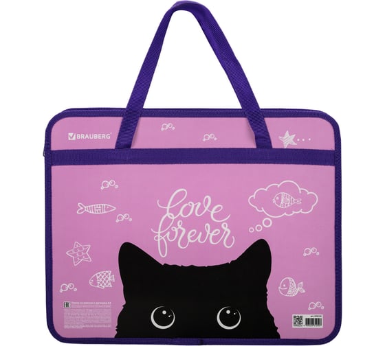 Папка с ручками BRAUBERG Black Cat А4, 1 отделение, пластик, молния сверху, 75 мм 270122