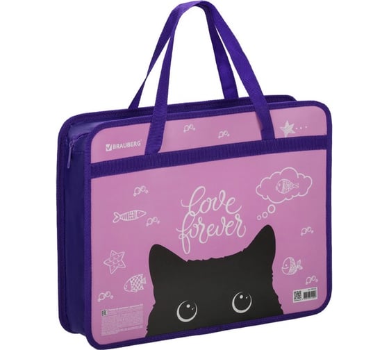 Папка с ручками BRAUBERG Black Cat А4, 1 отделение, пластик, молния сверху, 75 мм 270122