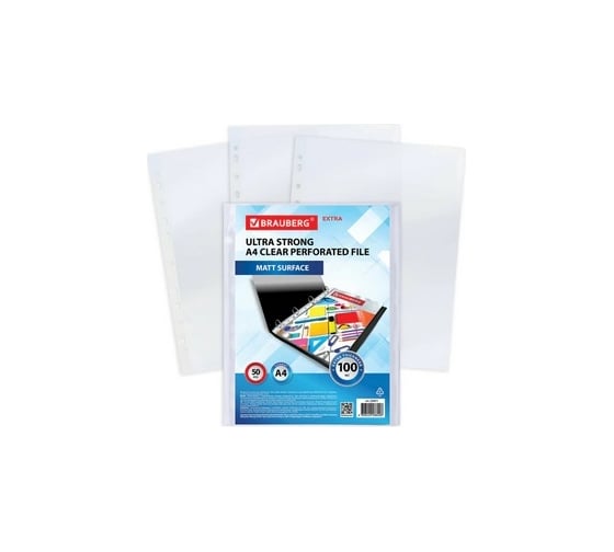 Перфорированные папки-файлы BRAUBERG EXTRA 1000 А4, комплект 50 шт, матовые, 100 мкм 229671