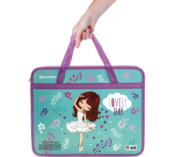 Папка с ручками BRAUBERG Lovely Day А4, 1 отделение, пластик, молния сверху, 75 мм 270124